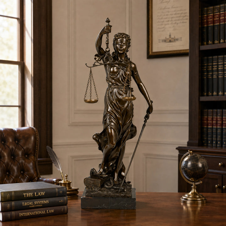 Blindfolded Lady Justice bronze statue displayed as professional law office and legal library decor