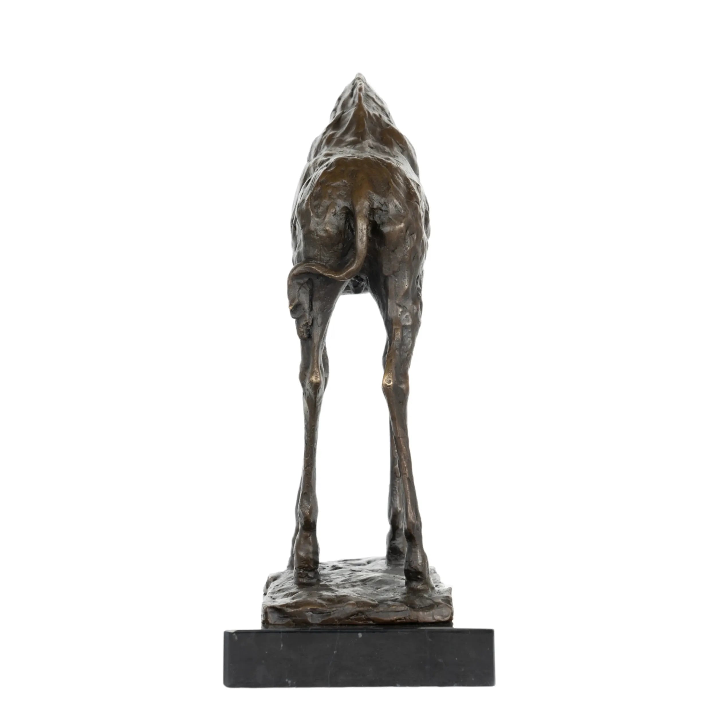 Back view of bowing giraffe bronze sculpture with textured finish