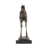 Front view of handcrafted bowing giraffe bronze sculpture
