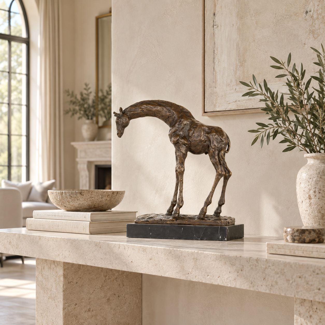 Bowing giraffe bronze sculpture displayed in an elegant modern interior