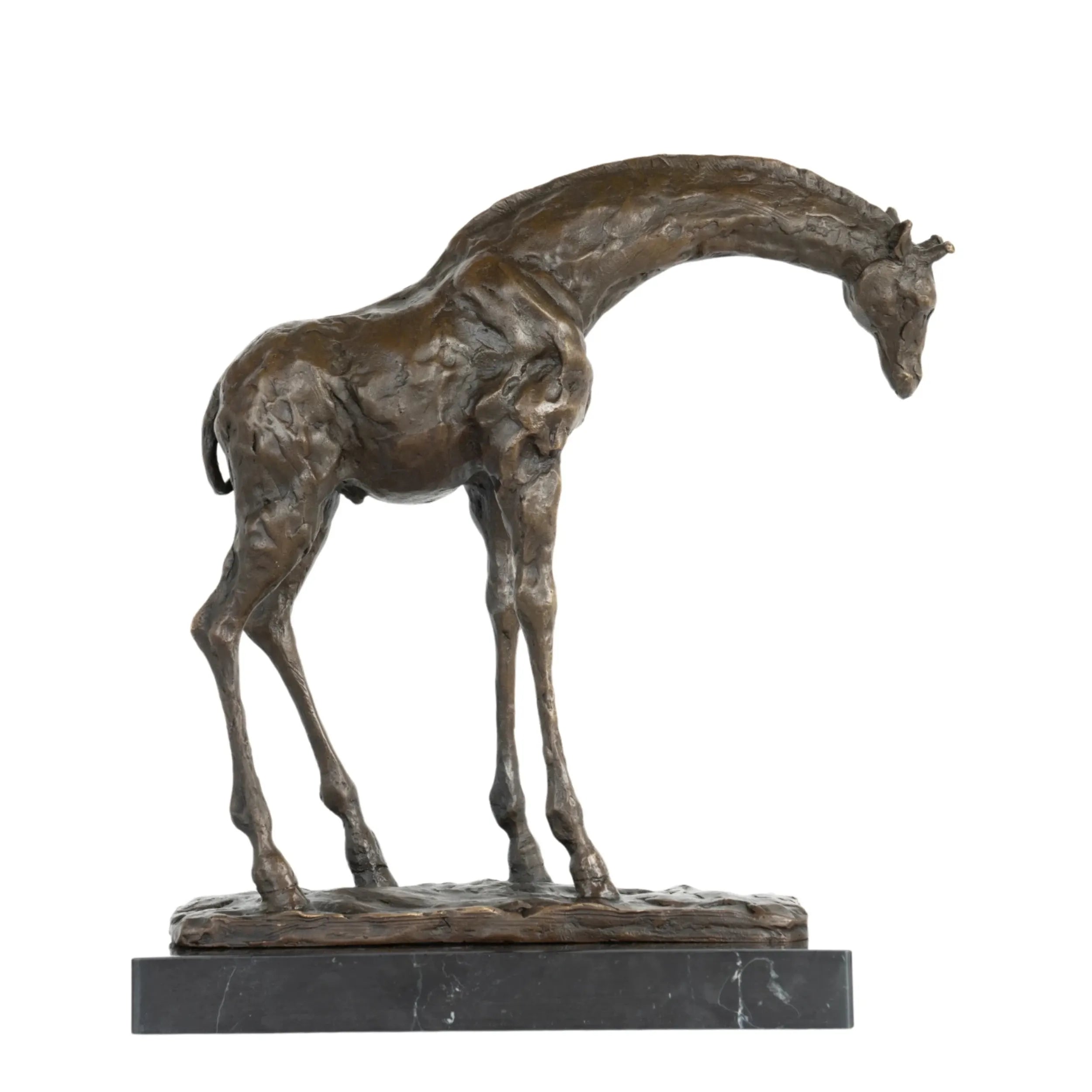 Right side view of handcrafted long-neck giraffe bronze sculpture