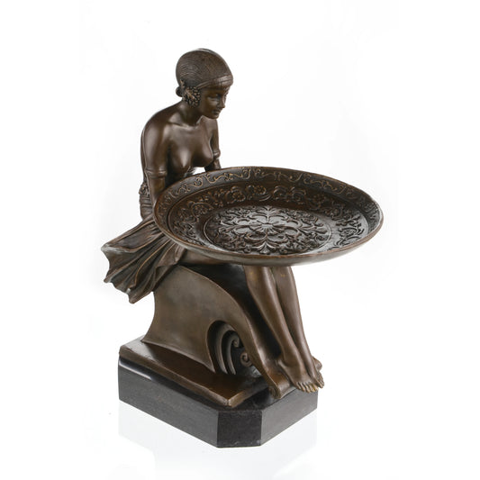 Front view of a handcrafted bronze Art Deco lady tray sculpture on a natural marble base.