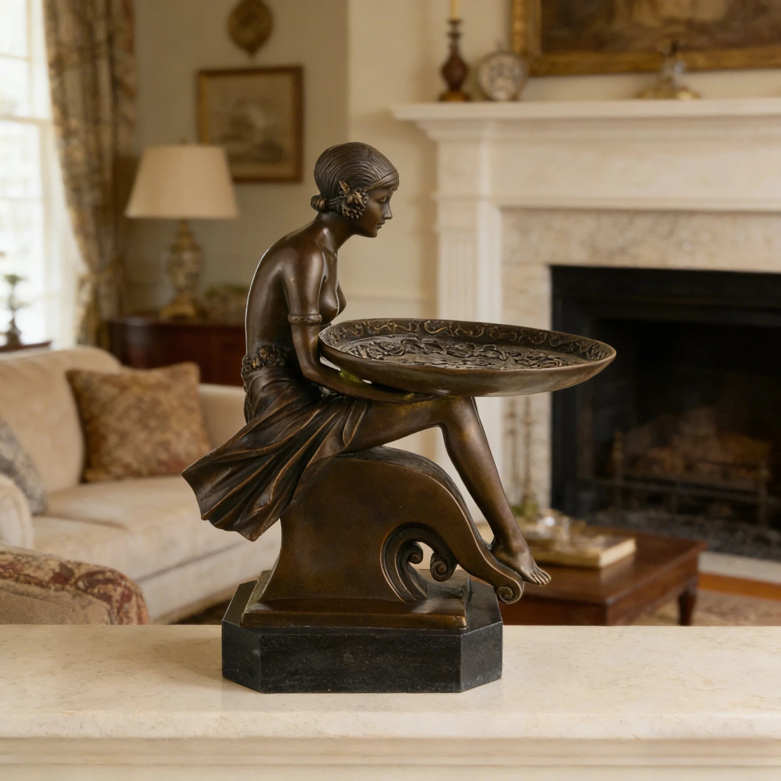 Handcrafted bronze Art Deco lady tray sculpture displayed on a console table in a modern home interior.