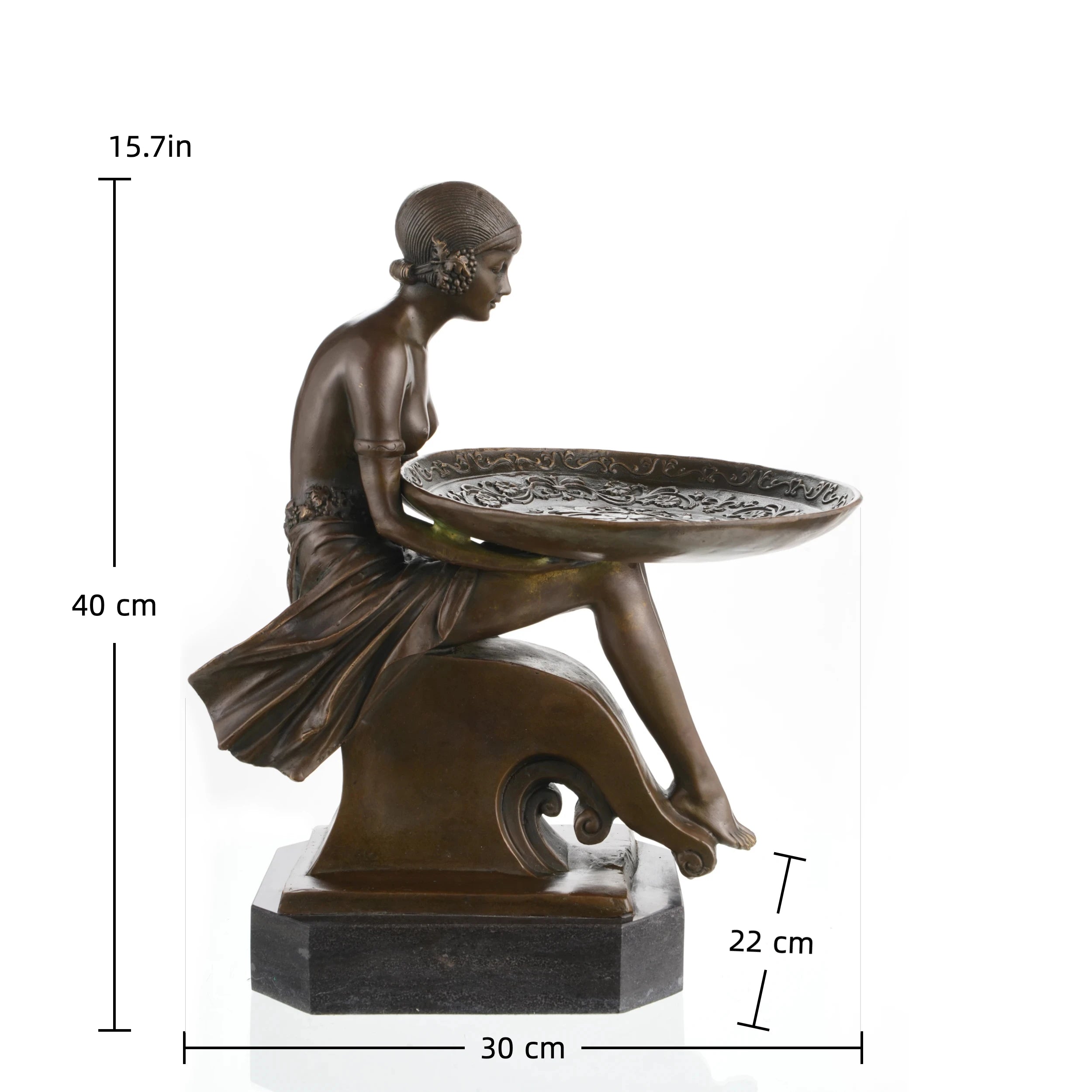 Left side view of a handcrafted bronze Art Deco lady tray sculpture created using lost-wax casting.