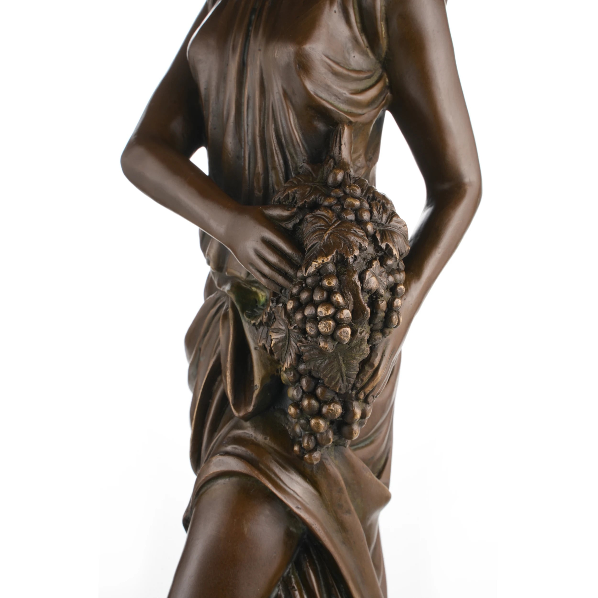 Close-up of grape cluster and hand details on solid bronze Bacchante sculpture