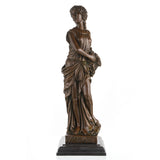 Bronze Bacchante sculpture featuring a graceful Greek maiden holding grapes on a black marble base