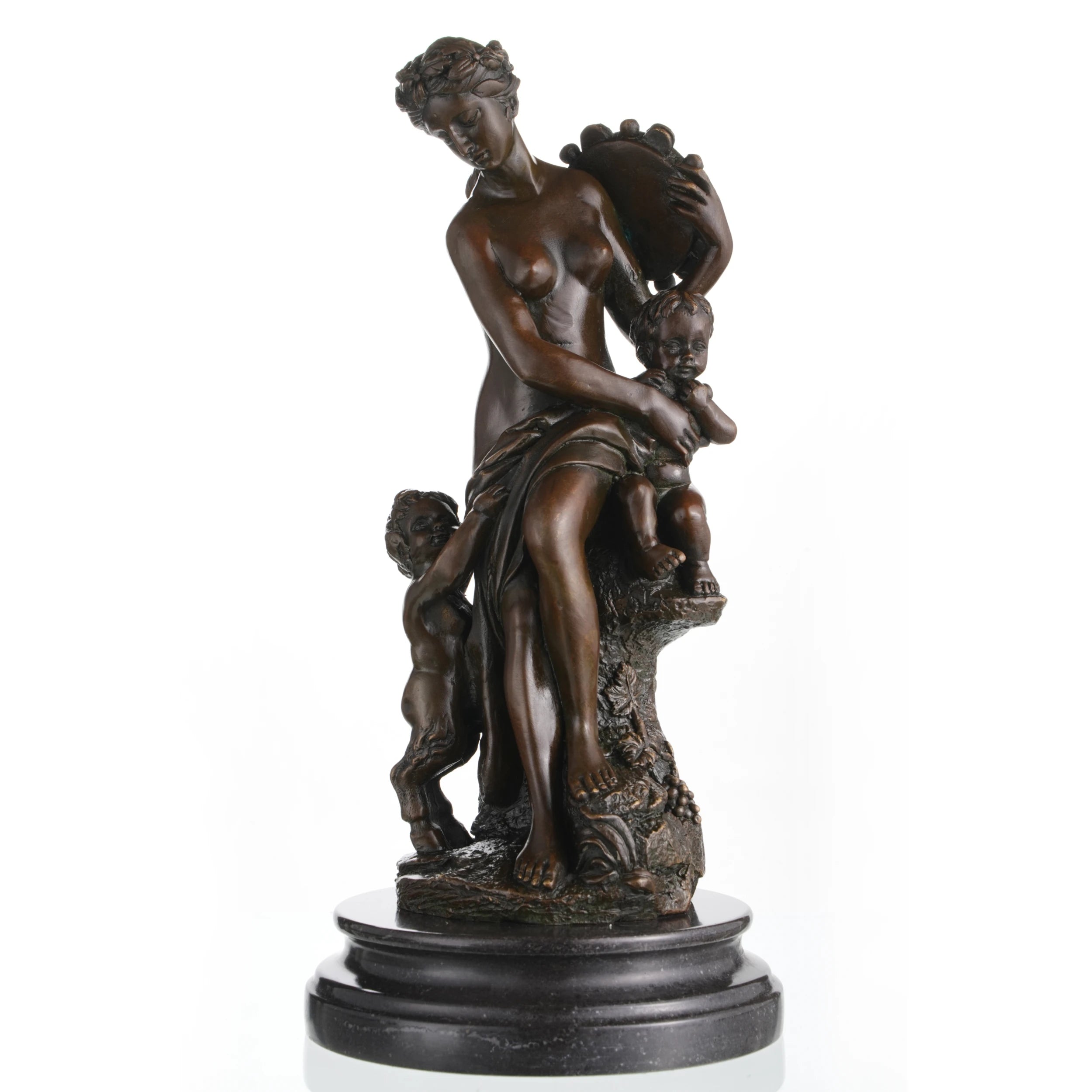 Bronze Bacchante with children sculpture featuring a classical Greek woman holding an amphora on a black marble base.