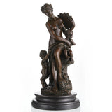 Bronze Bacchante with children sculpture featuring a classical Greek woman holding an amphora on a black marble base.
