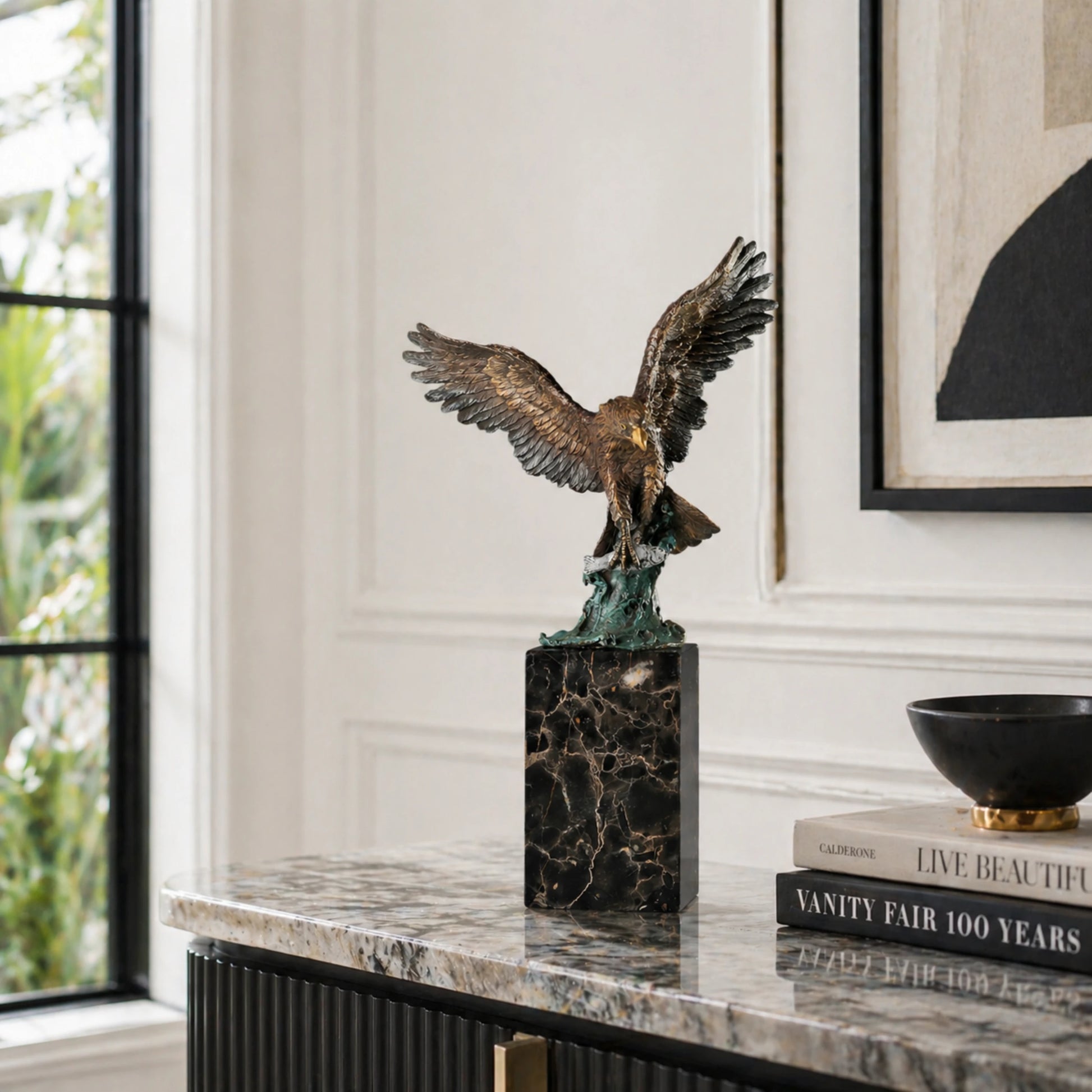 majestic bronze bald eagle sculpture with spread wings on marble base