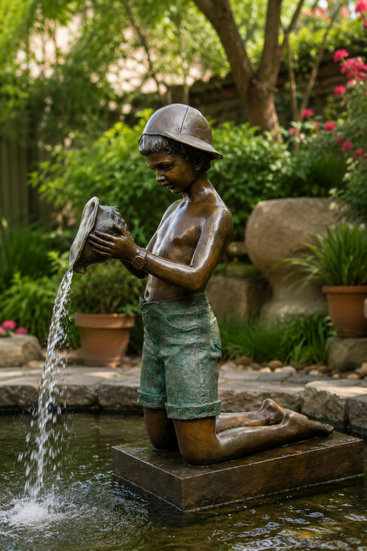 Classical bronze kneeling boy fountain holding a conch shell water feature