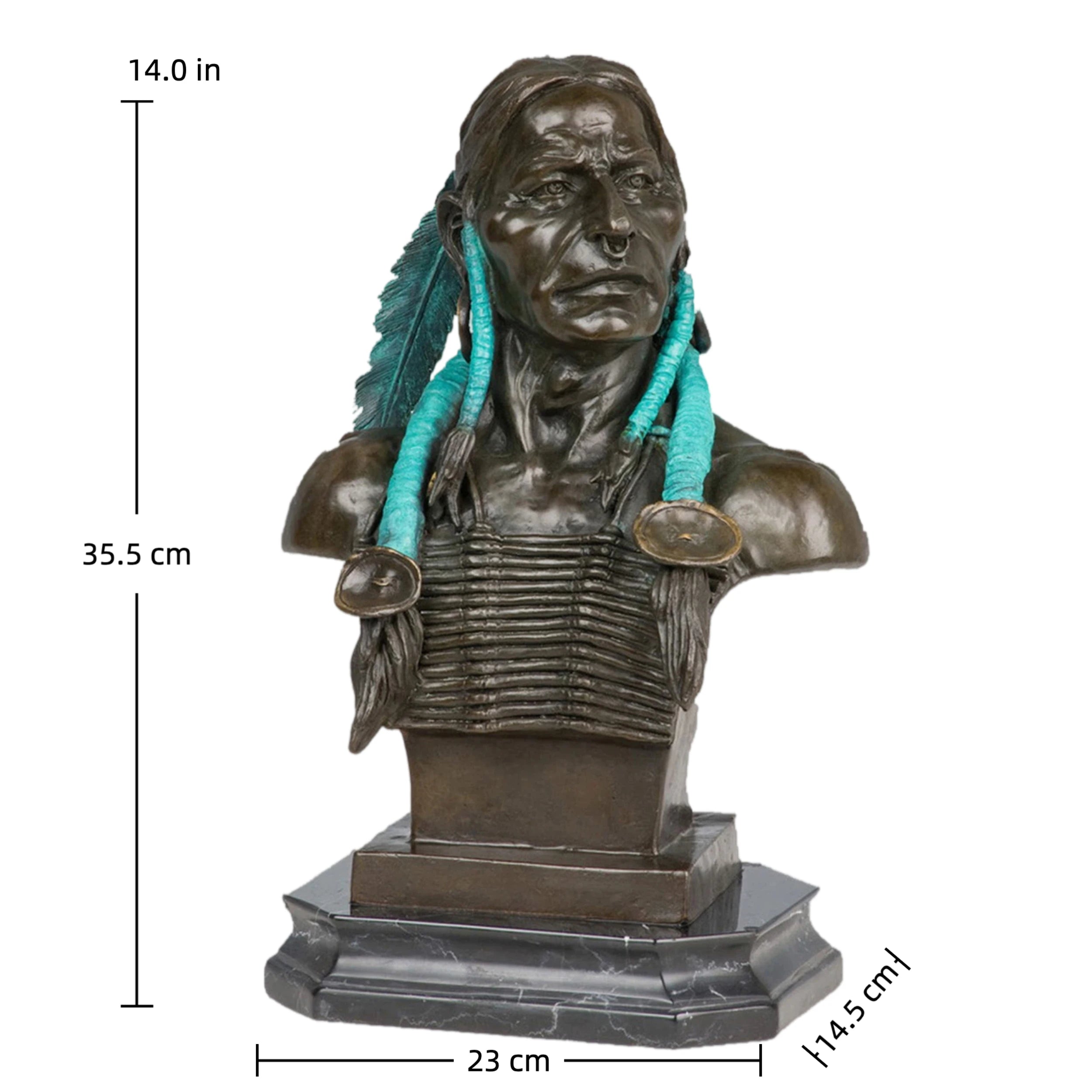 Detailed Native American chief bronze bust with turquoise hair ornaments, solemn tribal leader statue on octagonal black marble base, loss wax casting western art.