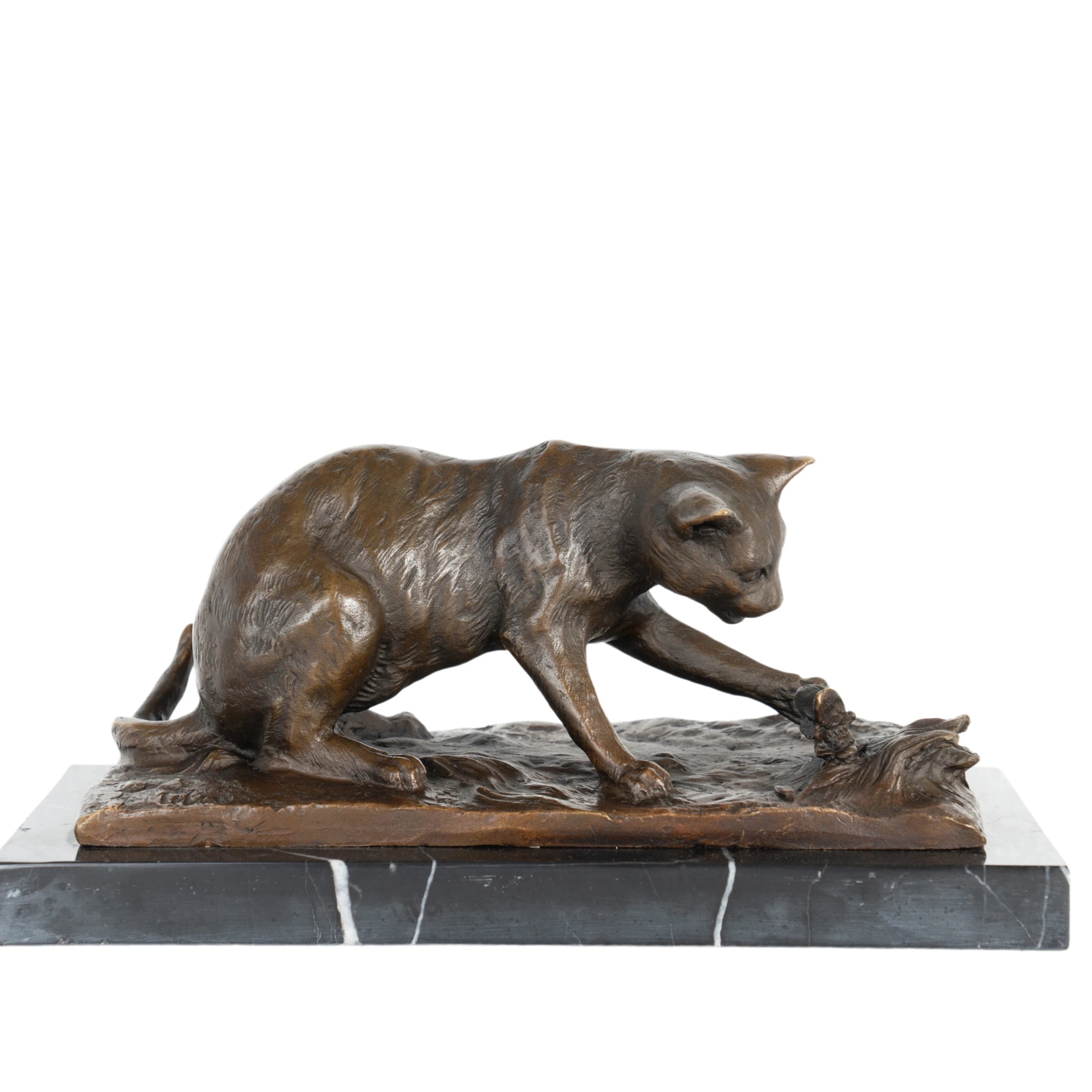 Handcrafted bronze cat and butterfly sculpture showing a playful cat reaching toward a butterfly