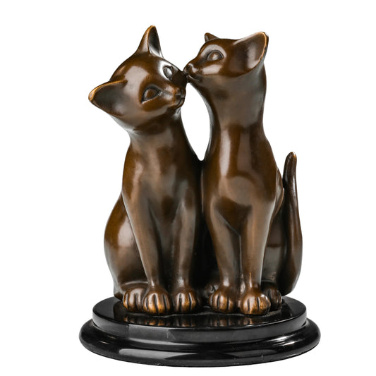 Handcrafted bronze cat couple sculpture with two affectionate cats sitting closely together