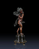 Handcrafted bronze Putto sculpture with classical cherub styling and ornate marble base. Lost-wax cast decorative figure for elegant home décor, galleries, and fine art collections.