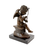 Right side view of Cupid repairing his bow bronze sculpture with classical mythological details