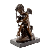 Left side view of of Cupid repairing his bow bronze sculpture with classical mythological details