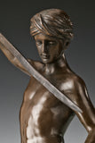 Close-up of David's face on handcrafted bronze biblical sculpture