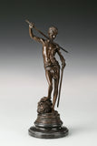 Front left angle of bronze David standing over Goliath sculpture
