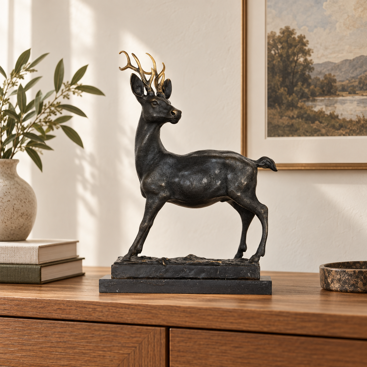Bronze deer sculpture displayed as elegant wildlife decor in a refined interior