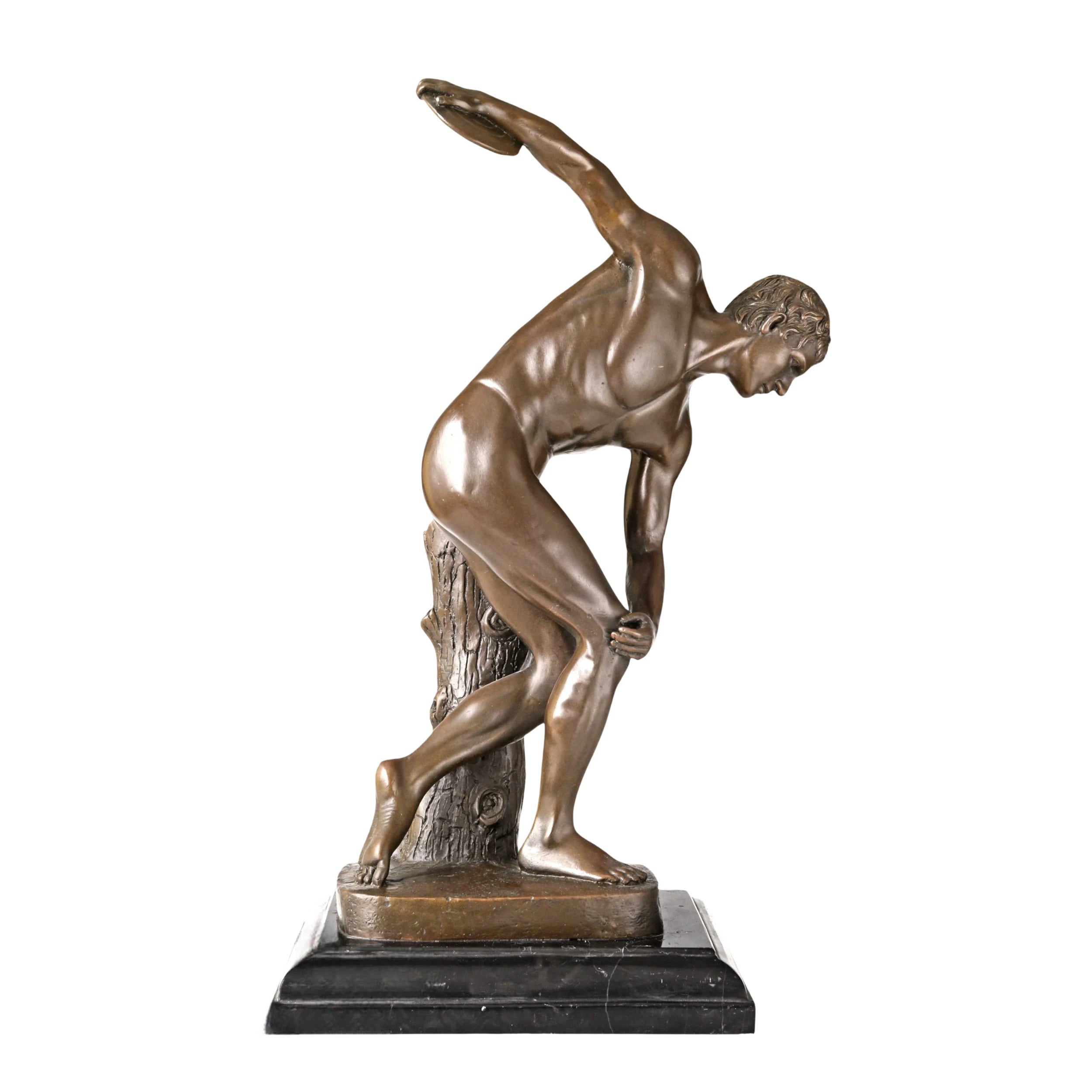 Side view of a solid bronze Discobolus sculpture on a polished marble base