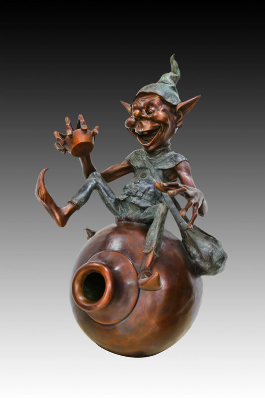 Whimsical bronze goblin garden fountain sitting on a large water jar with flowing water feature