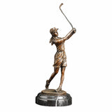 Handcrafted bronze female golfer sculpture captured in an elegant follow-through golf swing