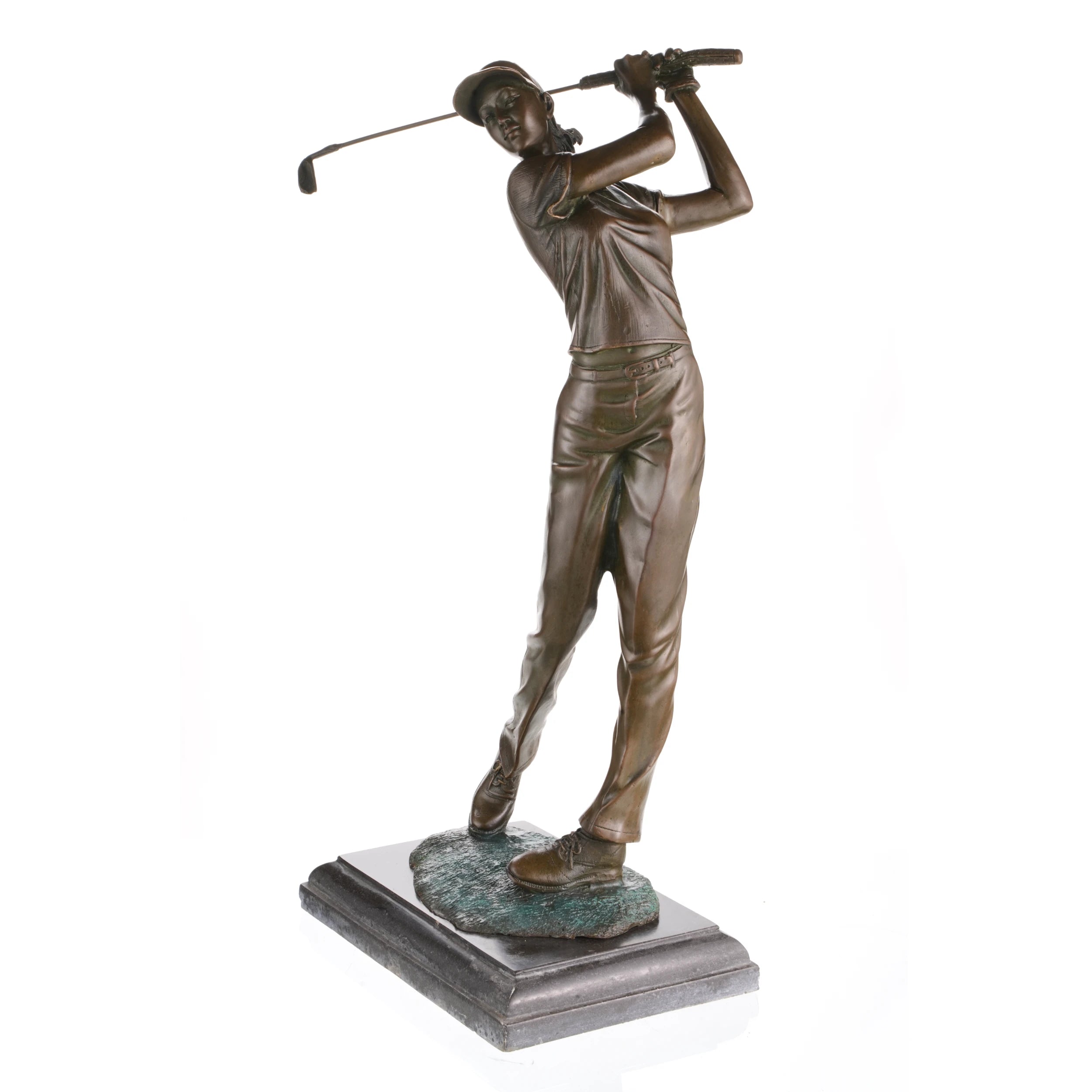 Angled view of a bronze female golfer statue captured in an elegant follow-through swing.