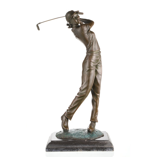 Front view of a handcrafted bronze female golfer swing sculpture on a natural marble base.