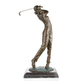 Front view of a handcrafted bronze female golfer swing sculpture on a natural marble base.