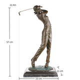 Right side view of a solid bronze female golf player sculpture with realistic athletic details.