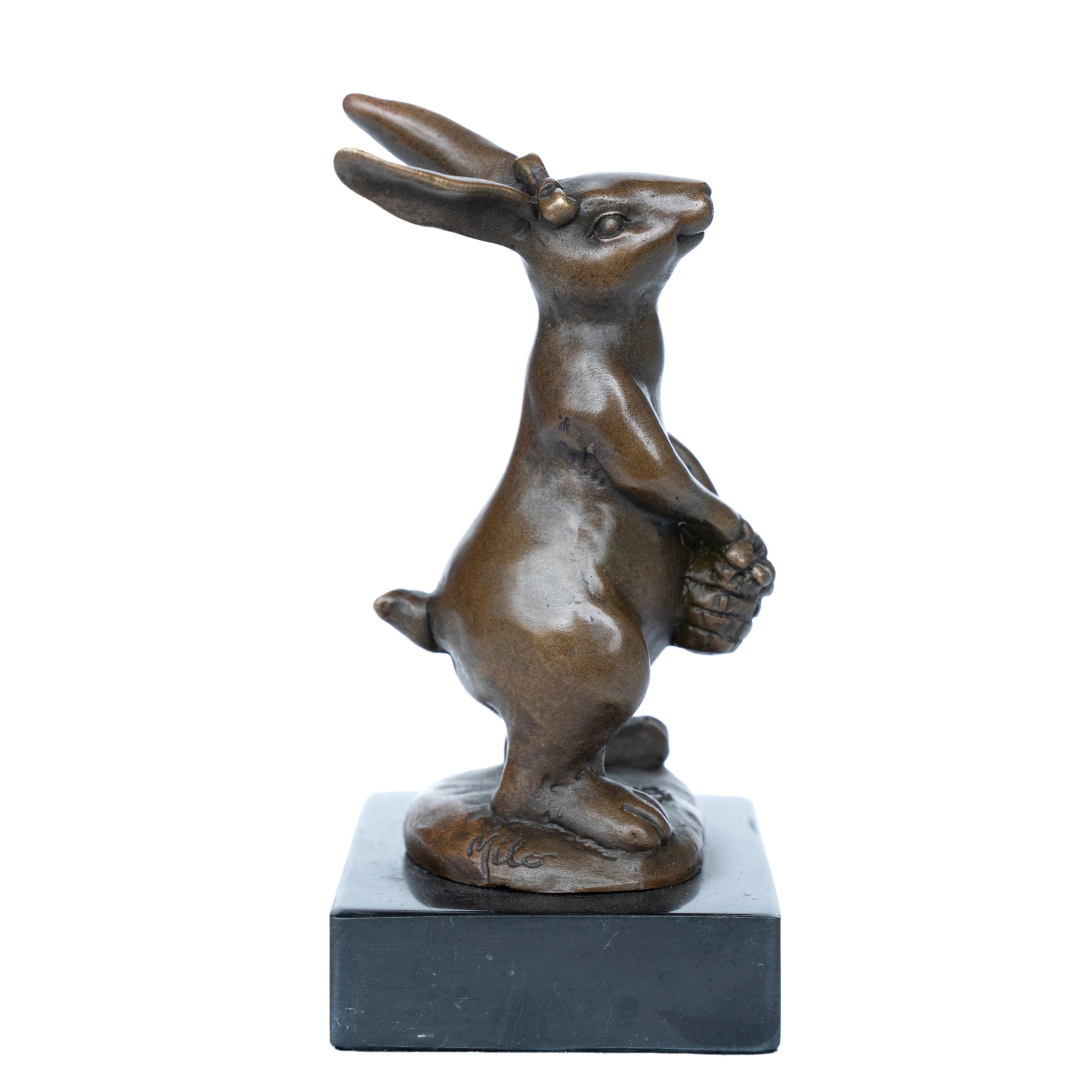 Right side view of handcrafted floral bunny sculpture with detailed ears and rounded form