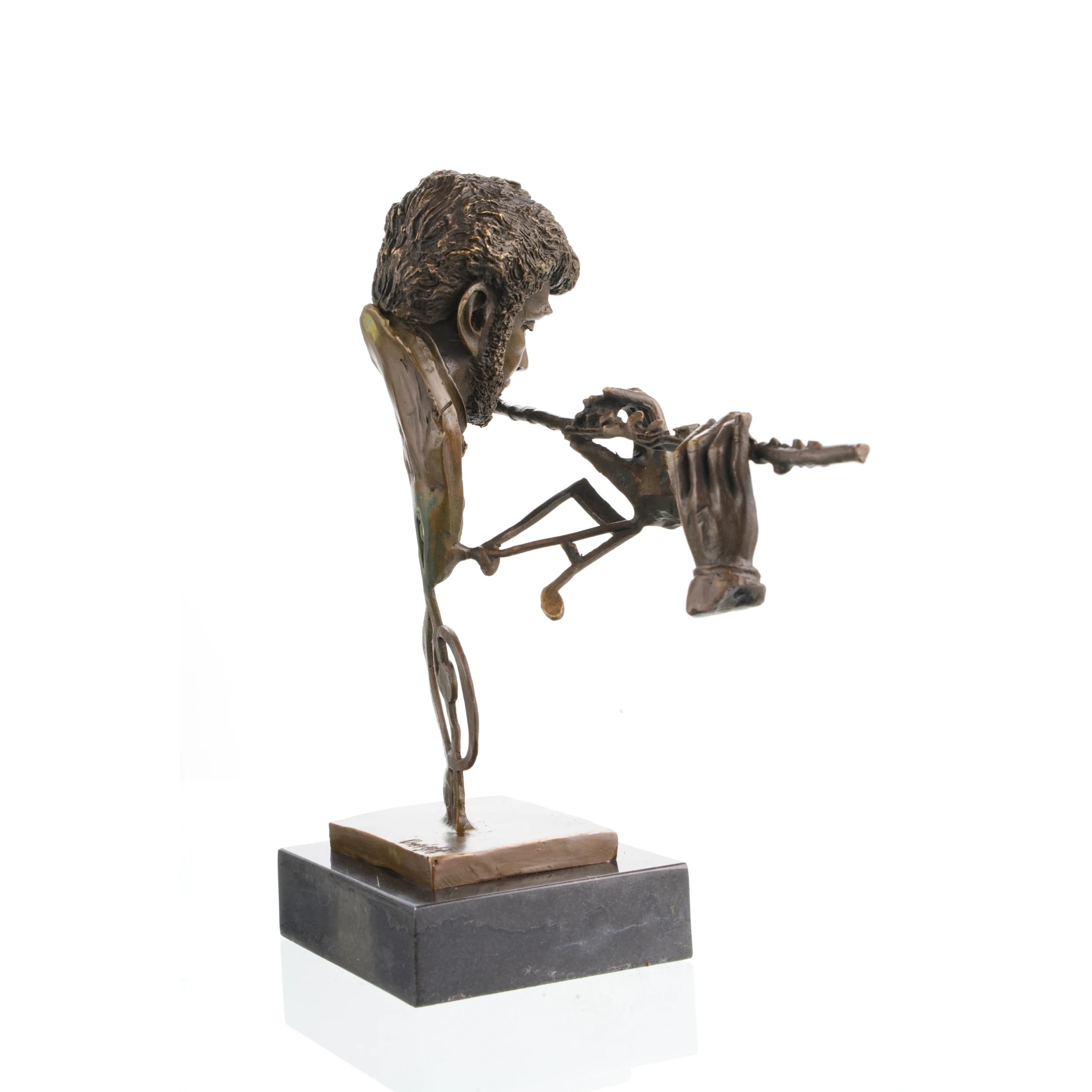 Rear view of a handcrafted bronze flutist sculpture highlighting the openwork artistic composition.