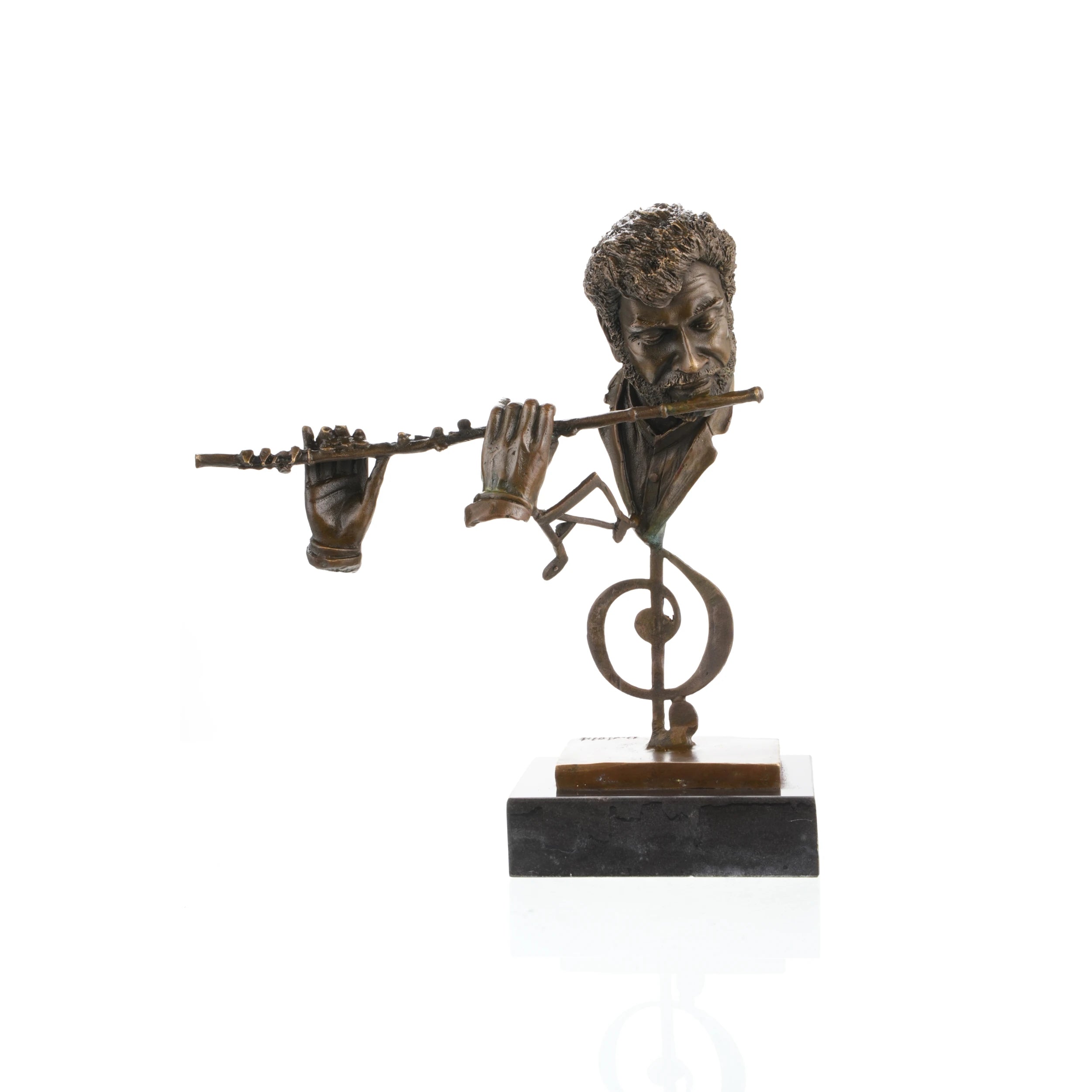 Front view of a handcrafted bronze flutist sculpture with musical note on a marble base.