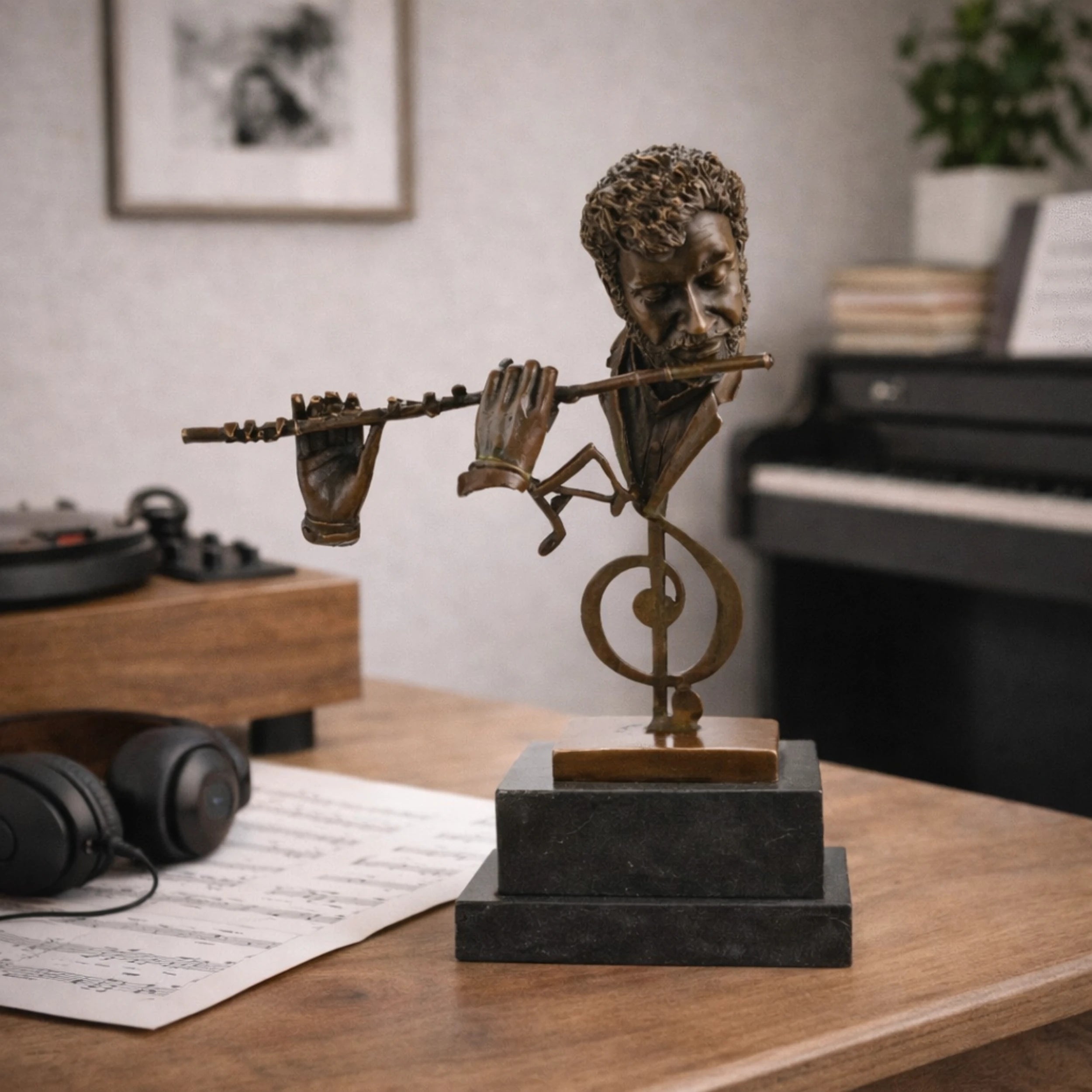 Handcrafted bronze flutist sculpture displayed on a piano in a modern music room.
