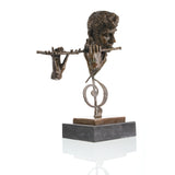 Right side view of a bronze flute player sculpture featuring expressive details and musical symbolism.