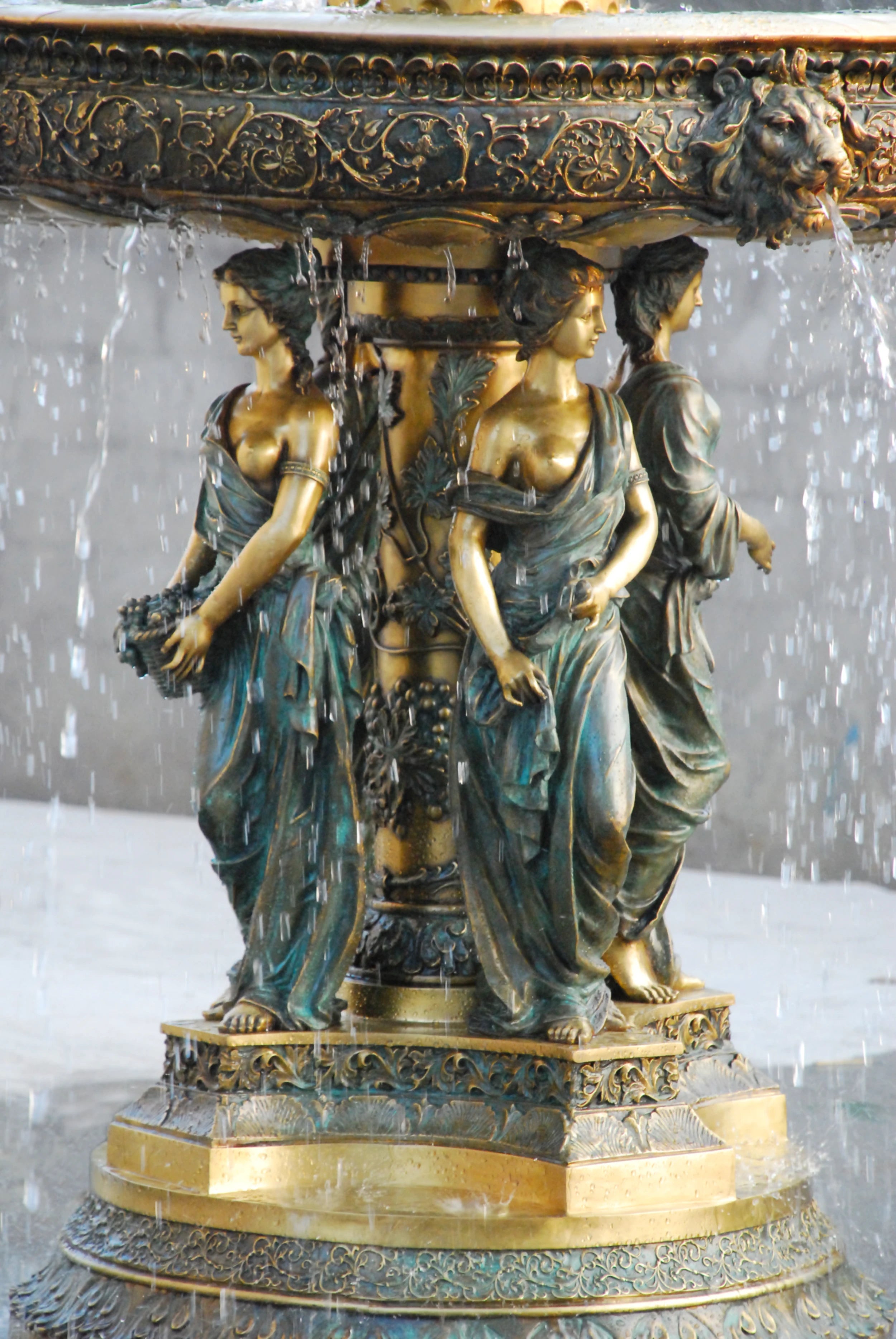 Detailed large bronze two maidens garden fountain statue