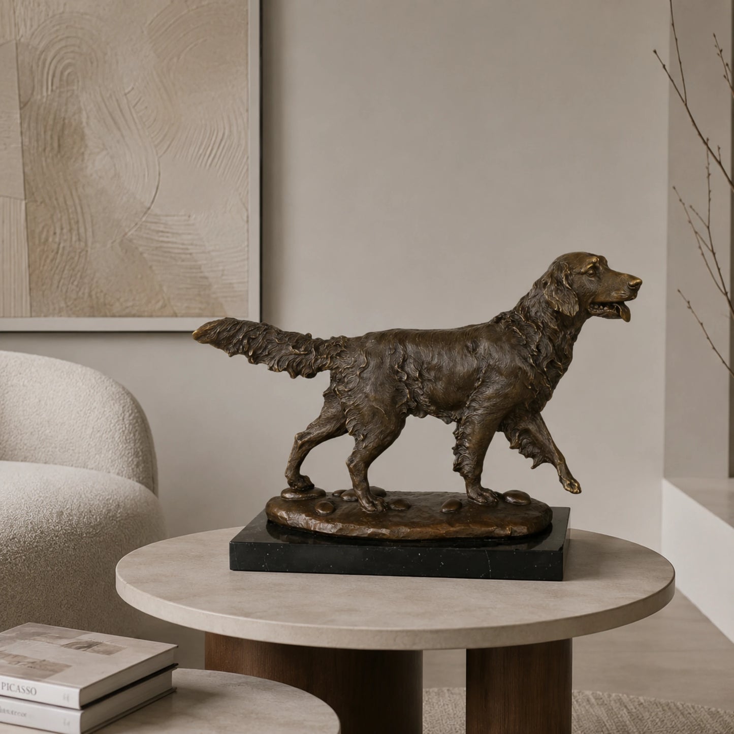 A dynamic bronze golden retriever statue  in mid-stride on pebbled ground, featuring a warm patina and wavy coat texture for home office or library decor.