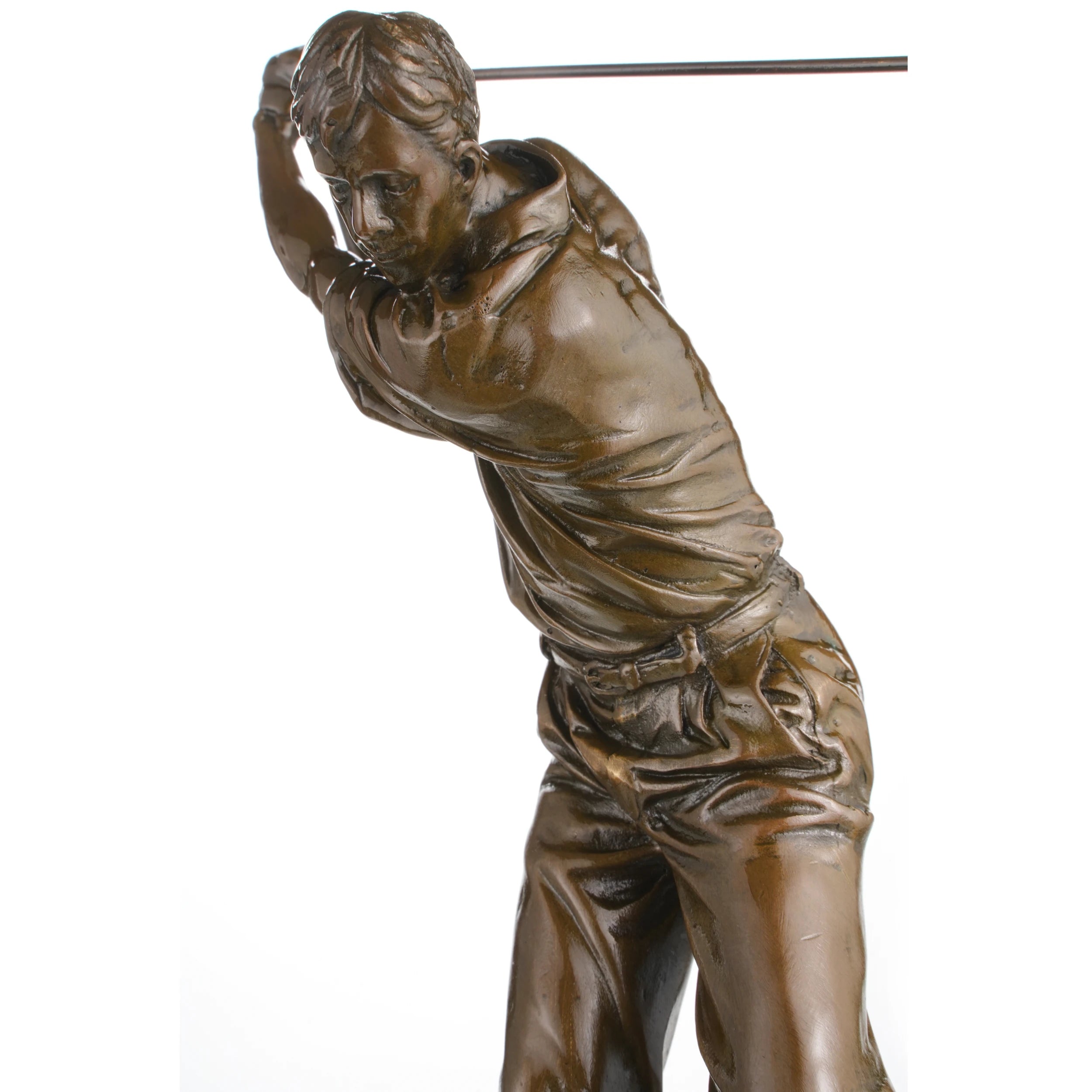 Close-up detail of bronze golfer sculpture showing facial expression, hands, and golf club.