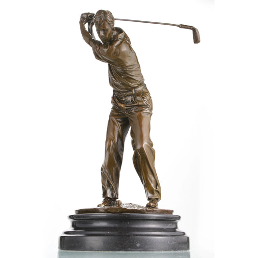 Front view of handcrafted bronze golfer swing sculpture on a marble base.