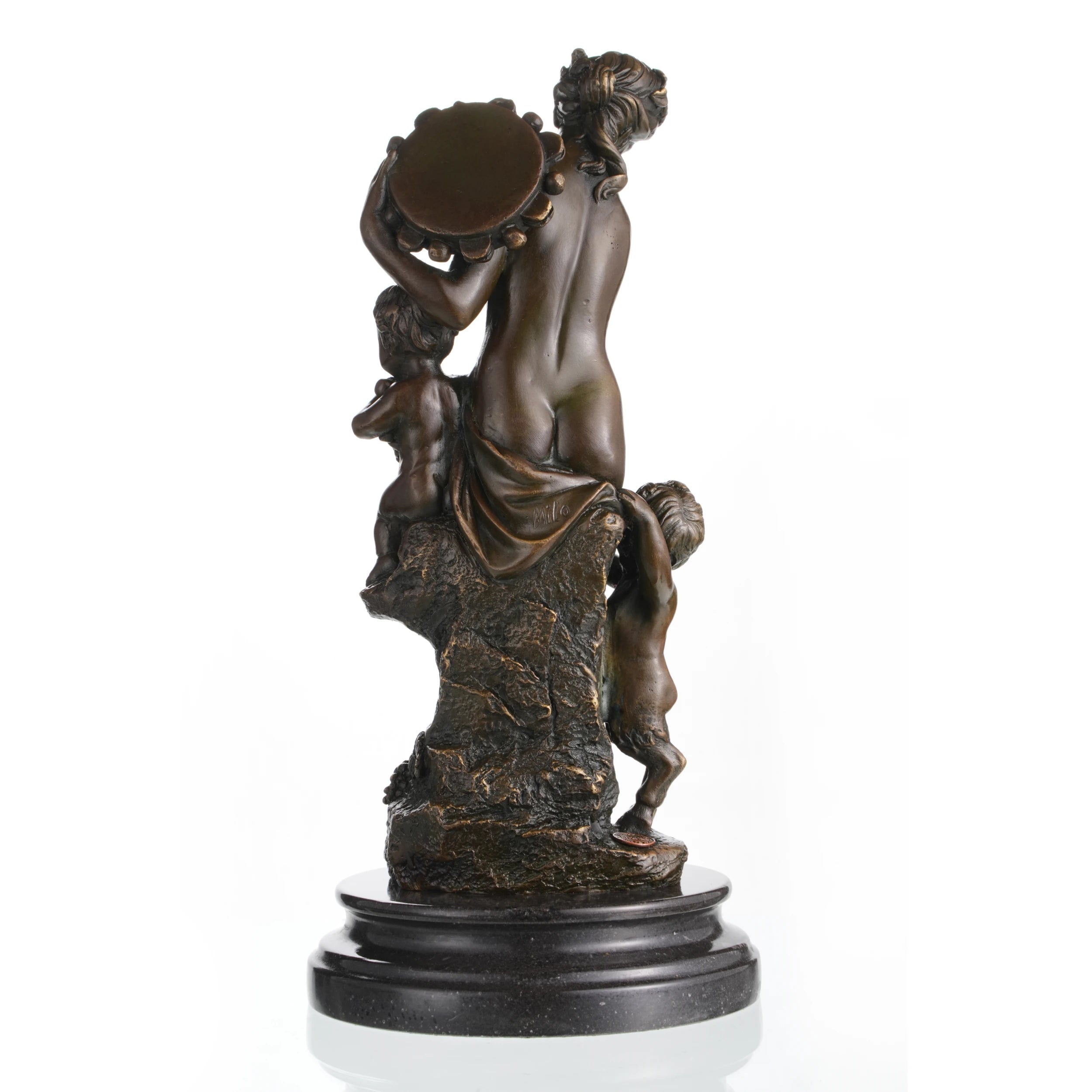 Rear view of classical bronze Bacchante sculpture highlighting detailed hair, drapery, and amphora.