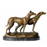 Handcrafted bronze Greyhound pair sculpture featuring two standing hunting dogs in alert poses