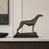 An elegant bronze greyhound sculpture in an alert stance, crafted using the lost-wax casting method with a rich warm patina for home library or office decor.