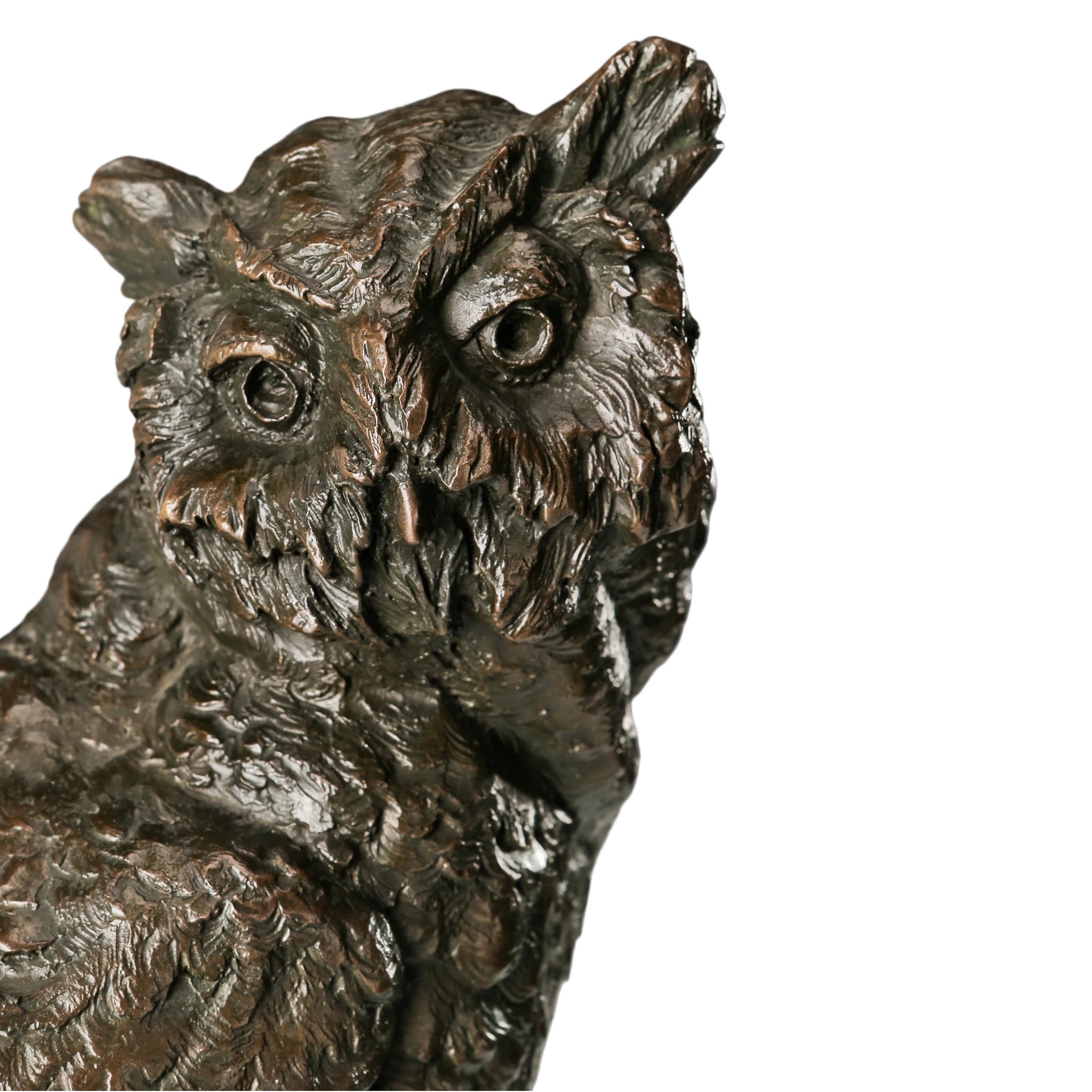 Close-up of bronze horned owl sculpture showing expressive eyes beak and raised ear tufts