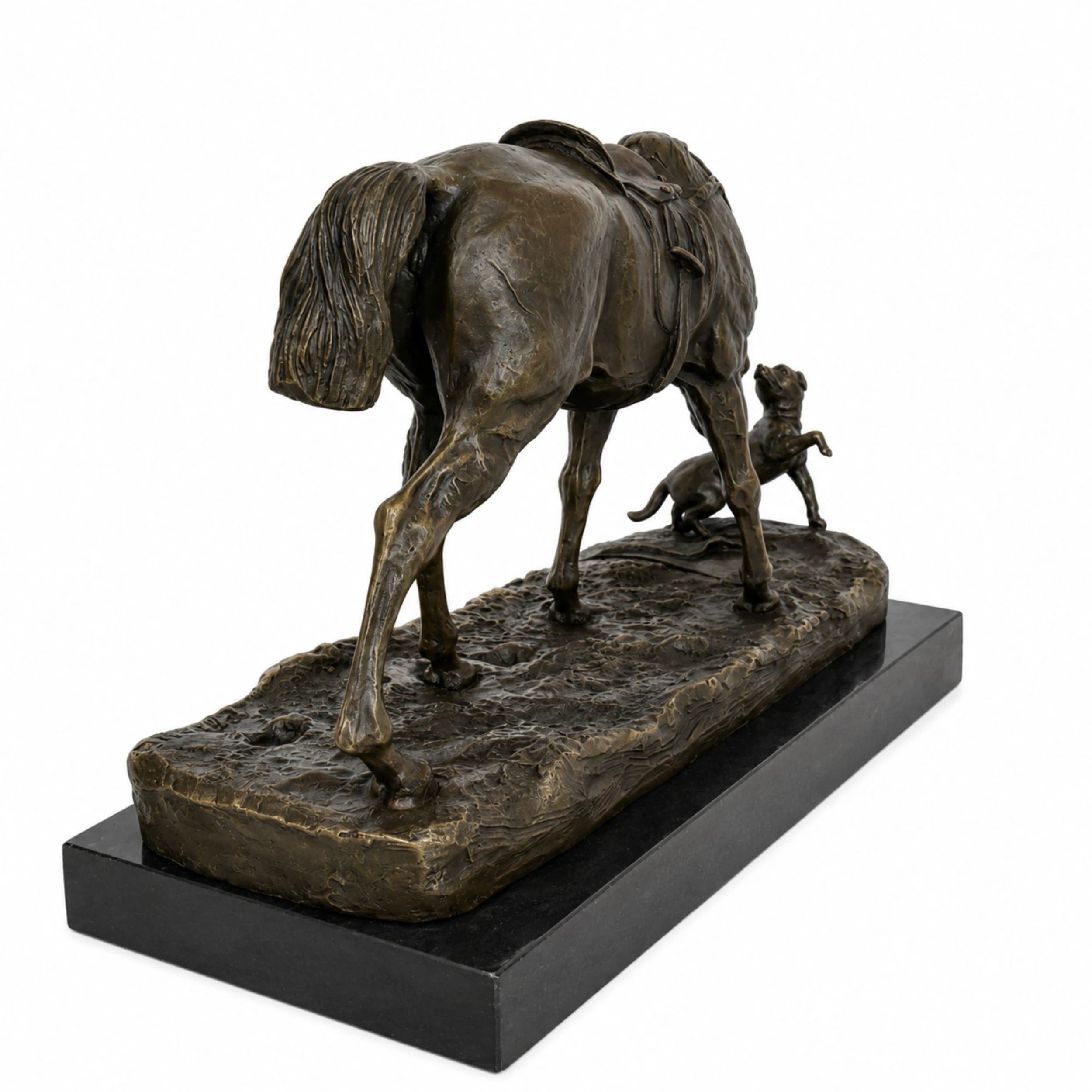 Rear view of bronze horse and dog sculpture showing horse tail, saddle details, and naturalistic composition