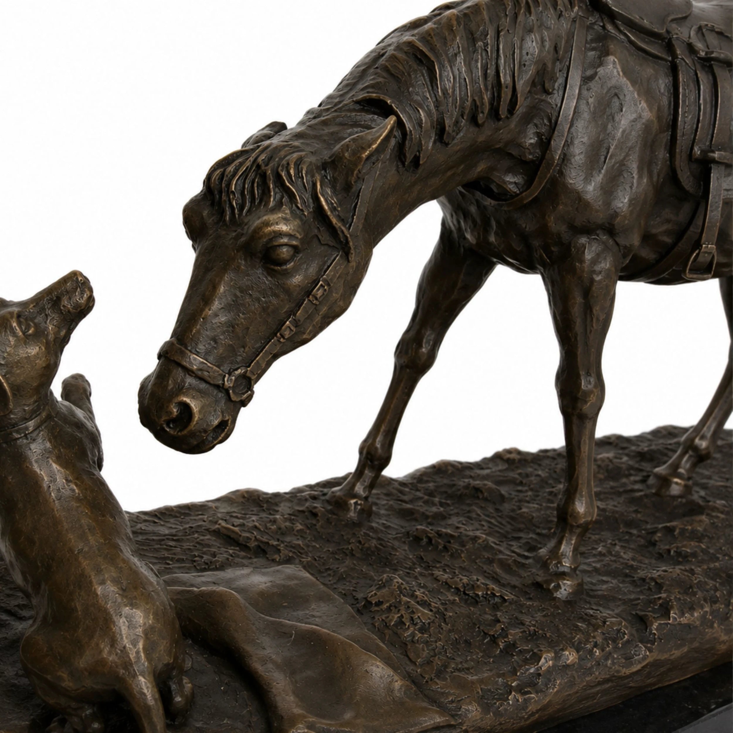 Close-up of bronze horse head lowered gently toward the small dog