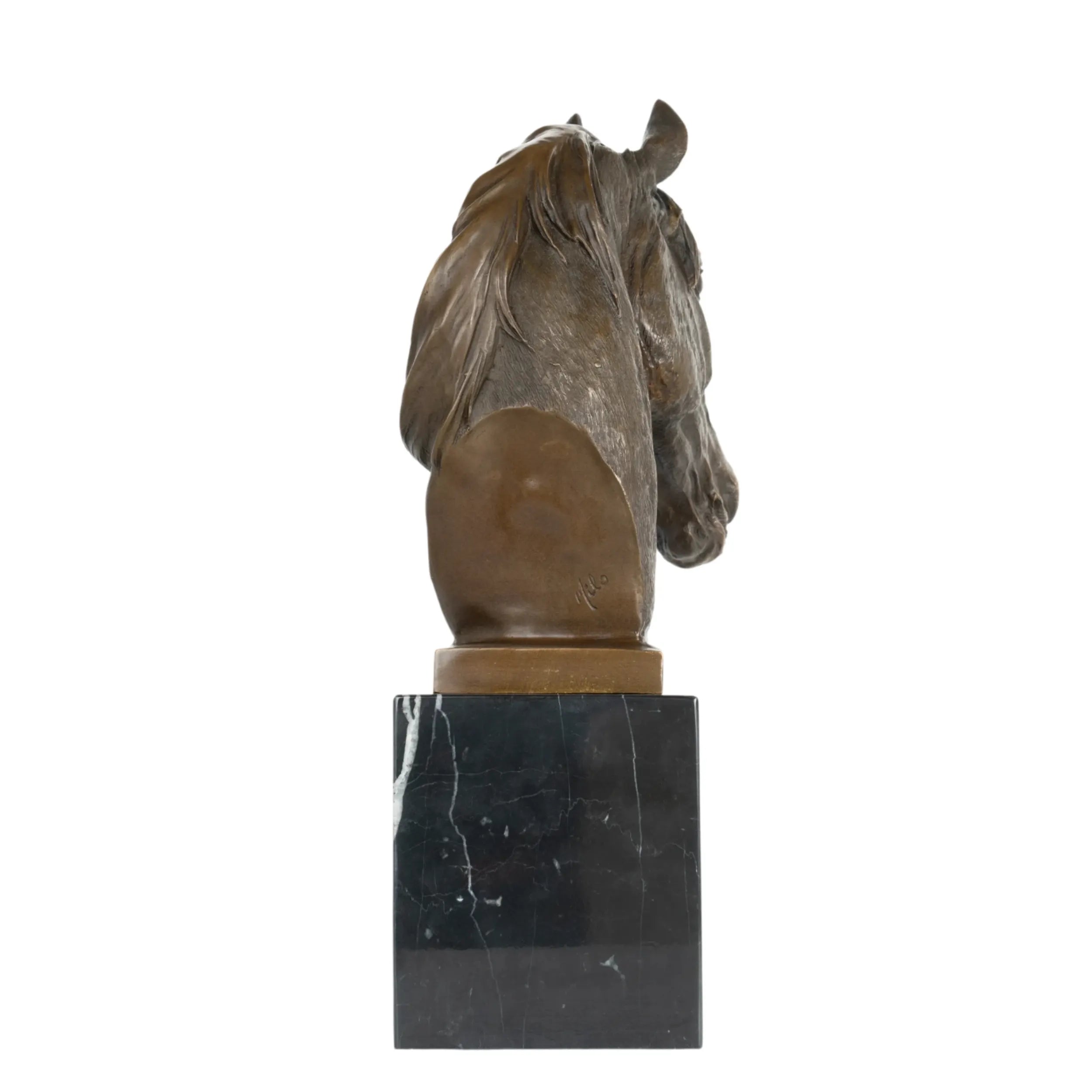 Back view of bronze horse head bust showing detailed mane texture