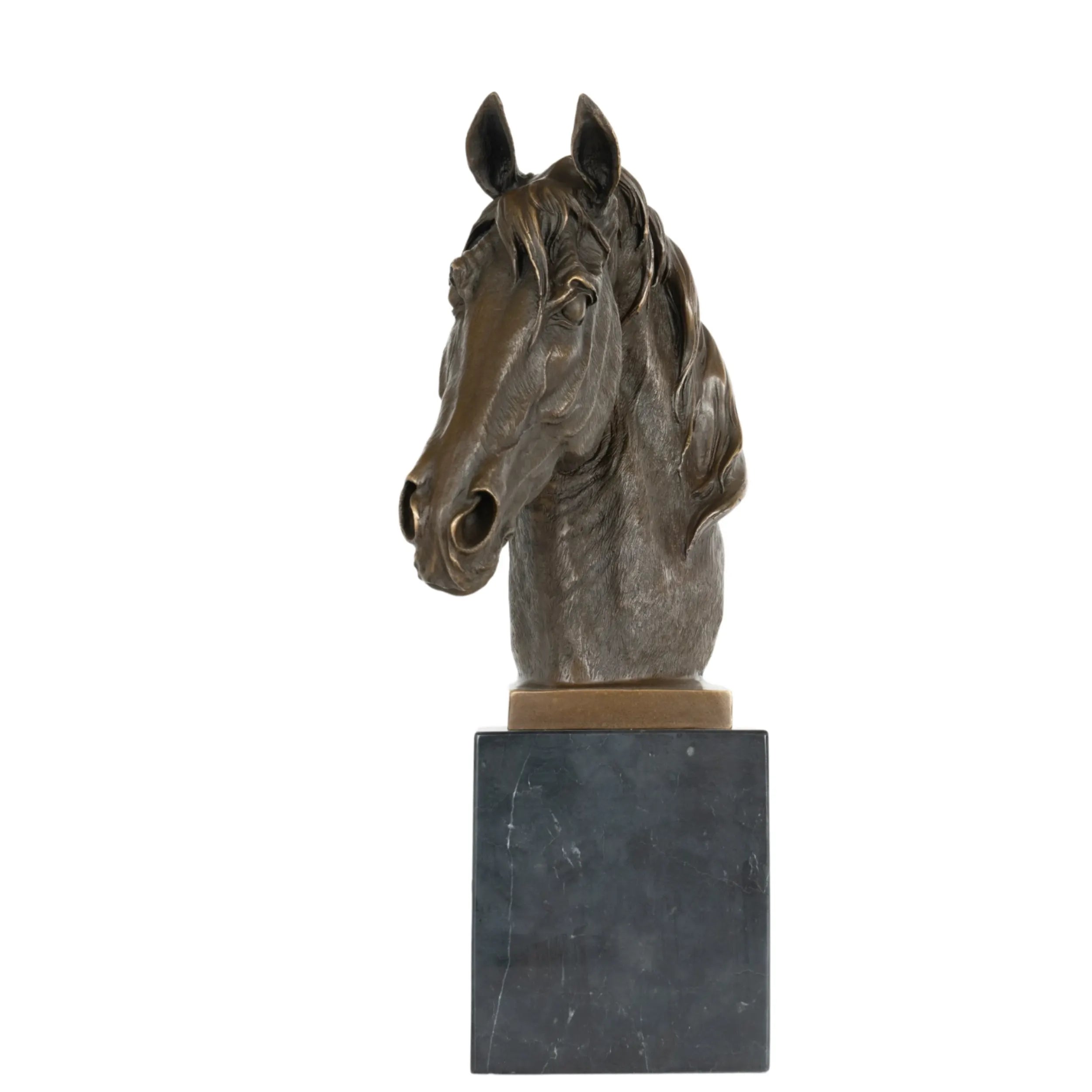 Front view of handcrafted bronze horse head sculpture on marble base