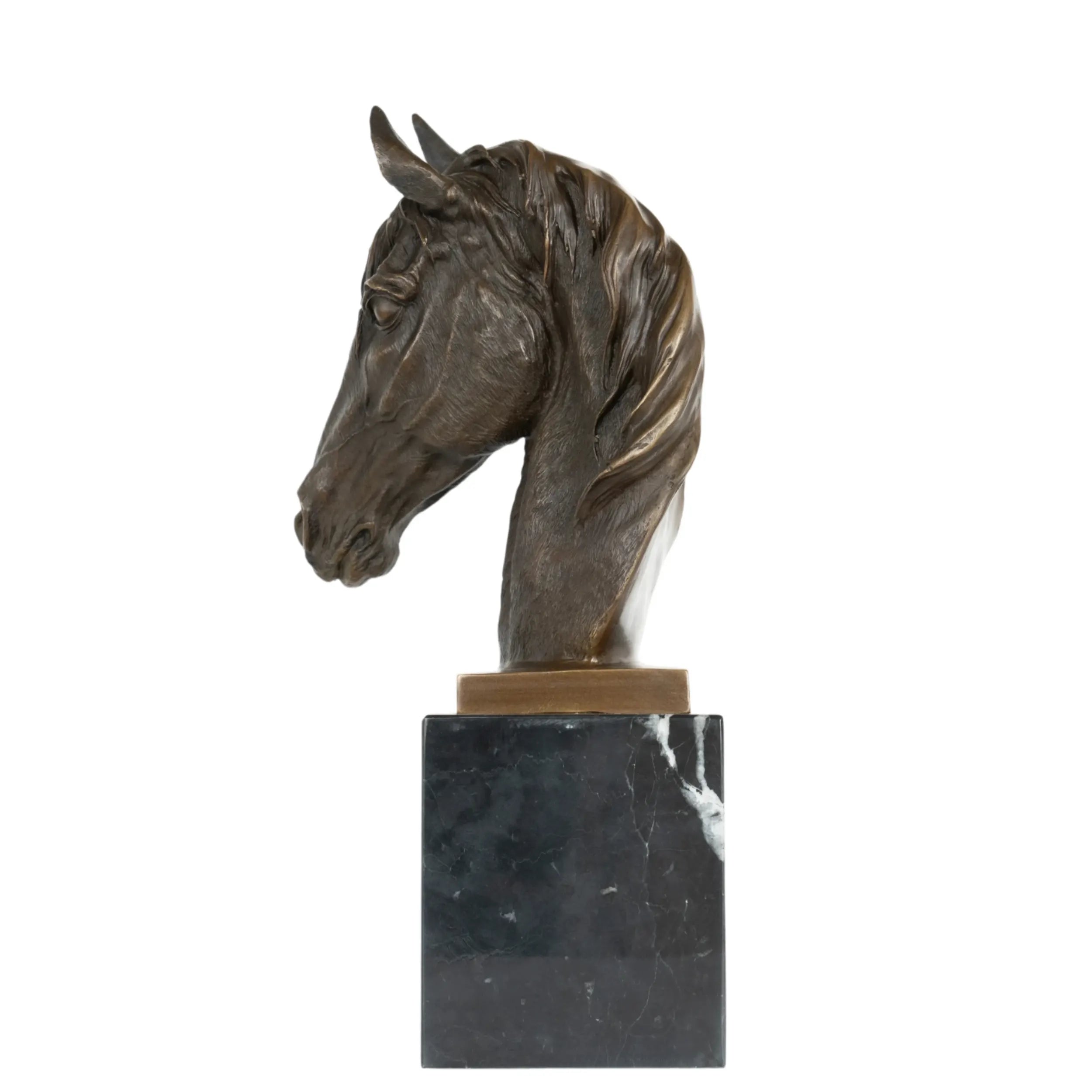 Left side view of bronze horse head sculpture with natural marble base