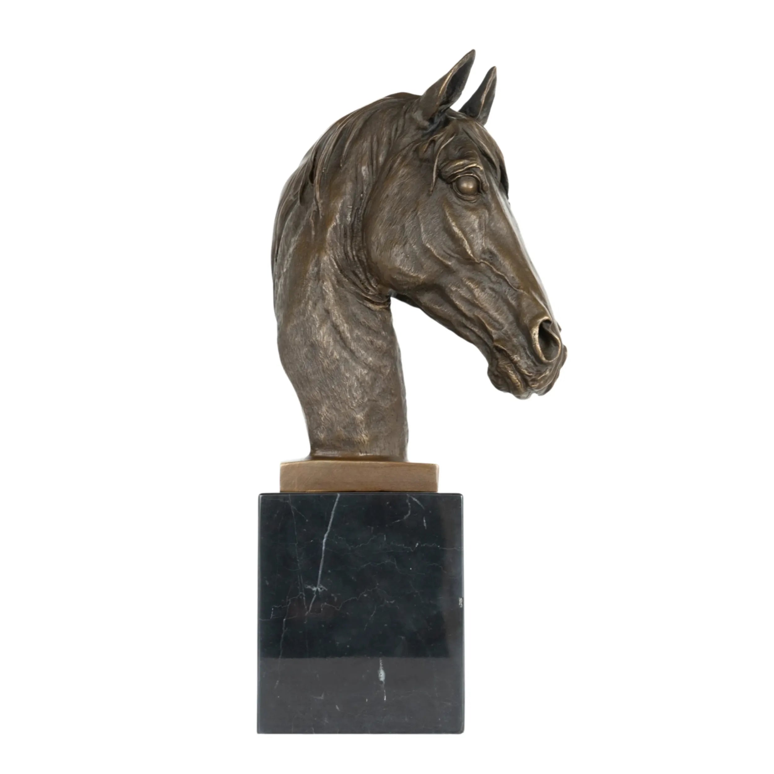 Right side profile of handcrafted bronze horse head bust