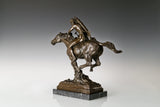 Three-quarter view of bronze horse rider sculpture showing dynamic galloping movement